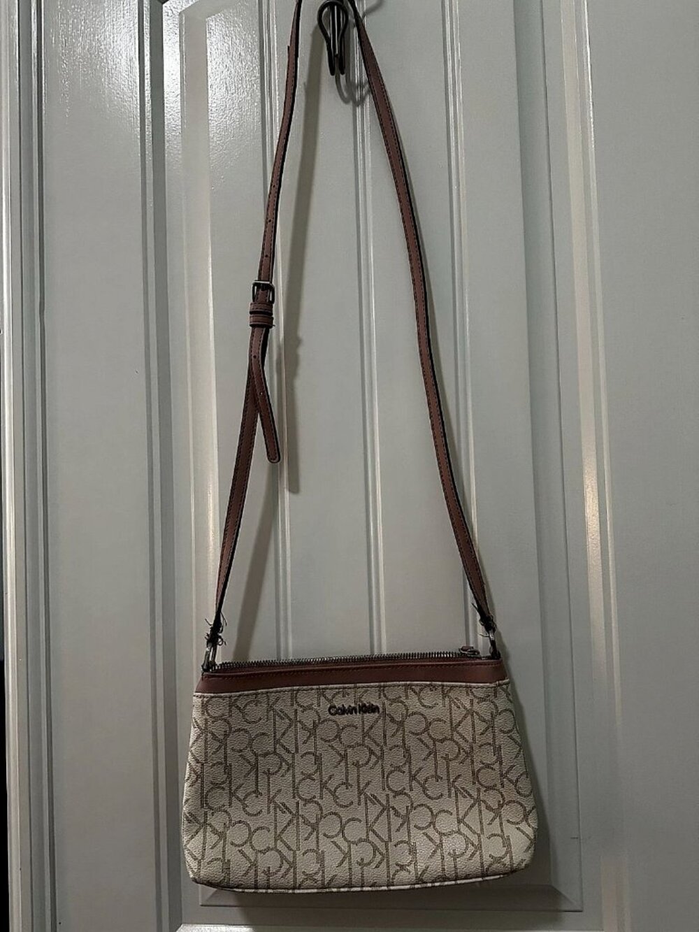 Calvin Klein CK Monogram Crossbody Bag, Cream/Khaki Logo Print with Blush Pink T